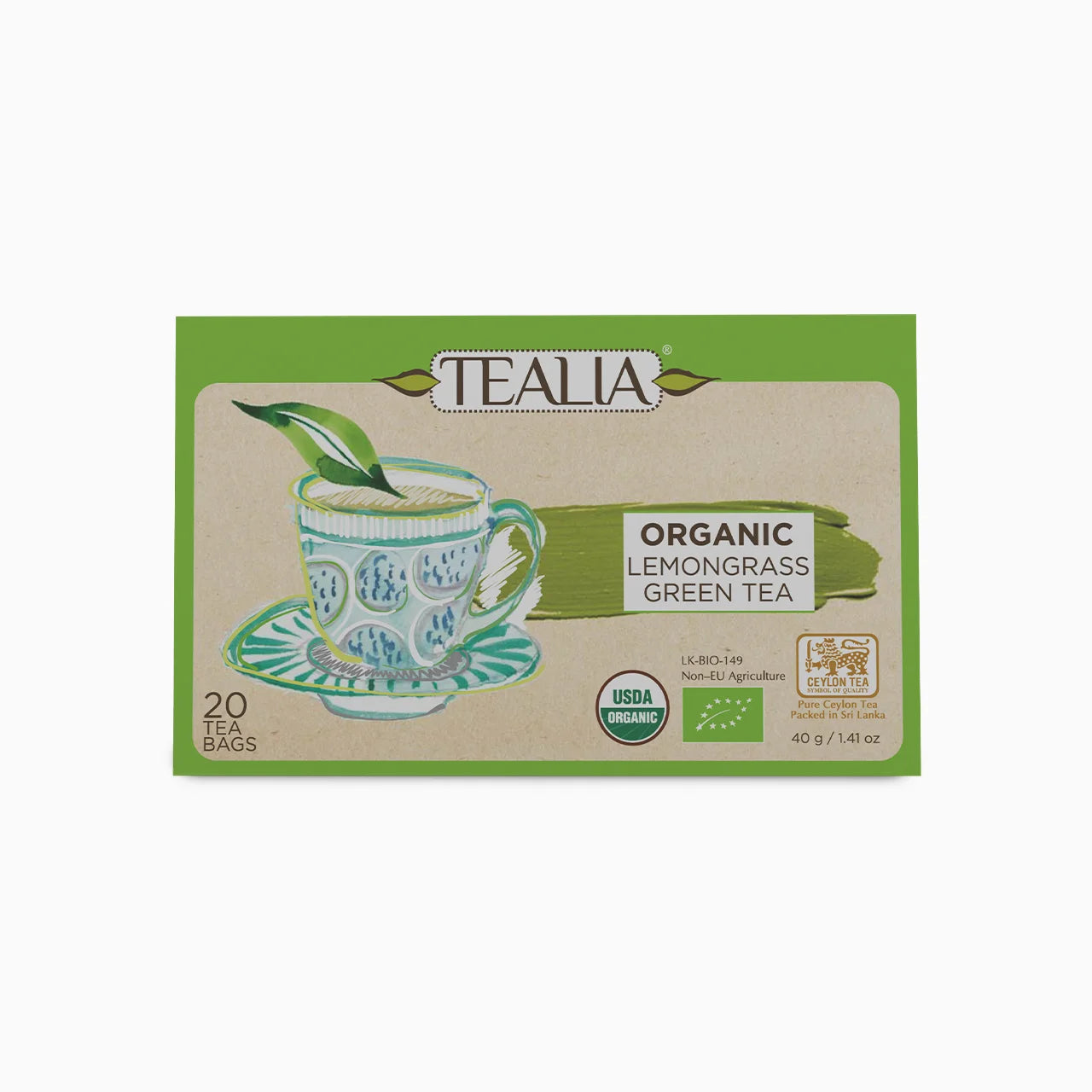 Organic Lemongrass Green Tea (20 Envelope Tea Bags)